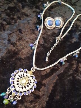 Women's Silver-Tone Blue & Green Pendant Necklace Set